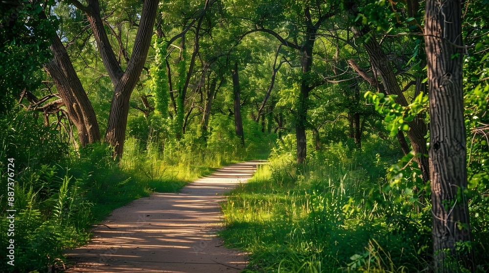 Obraz premium Sioux Falls Nature Conservation Area at Sertoma Park The Vibrant Greenway Walking Trails Summer Landscape along the Big Sioux River in South Dakota : Generative AI