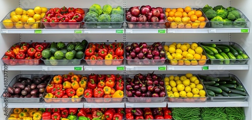 Fresh vegetables on display in a supermarket, neatly arranged and organized, showcasing a variety of colors and types for customers. Discover healthy options while shopping in retail stores dedicated