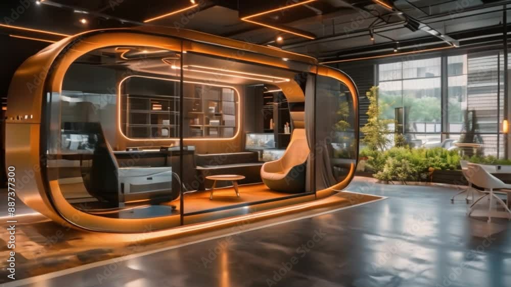 A modern office pod with glass walls and orange accents is situated in a contemporary office space with large windows and lush greenery. A modern office pod with glass walls and orange accents is situated in a contemporary office space with large windows and lush greenery.