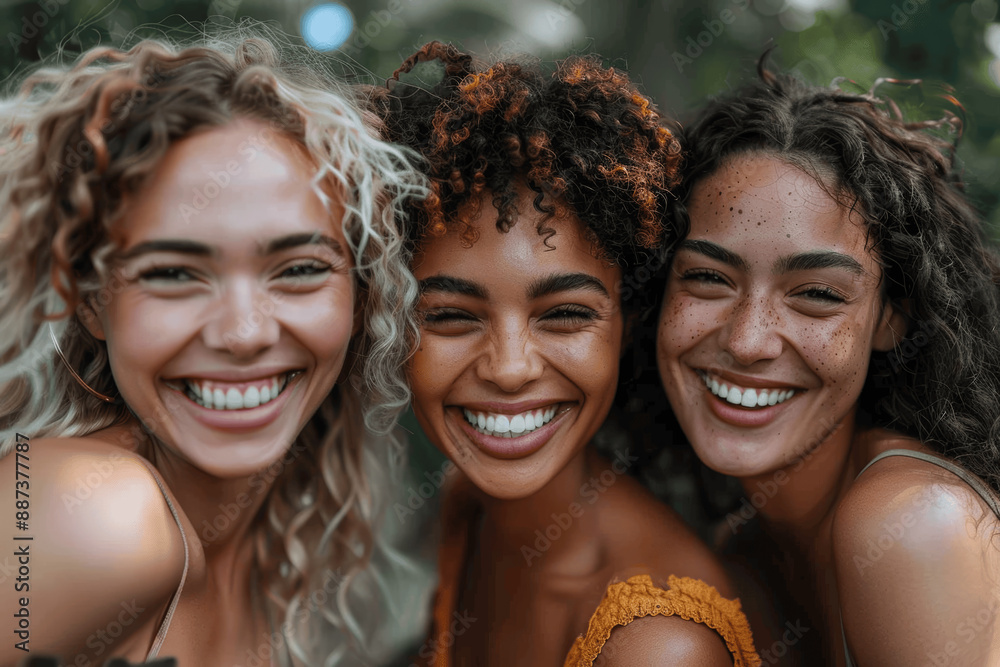 Fototapeta premium Joyful Friends Hugging and Laughing Outdoors, Celebrating Diverse and Multi-Ethnic Friendship