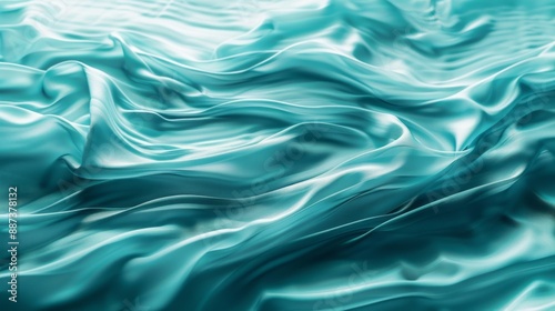 A close-up view of a soft, flowing turquoise silk fabric with gentle waves and ripples. The fabric's smooth texture and calming color create a sense of tranquil peace