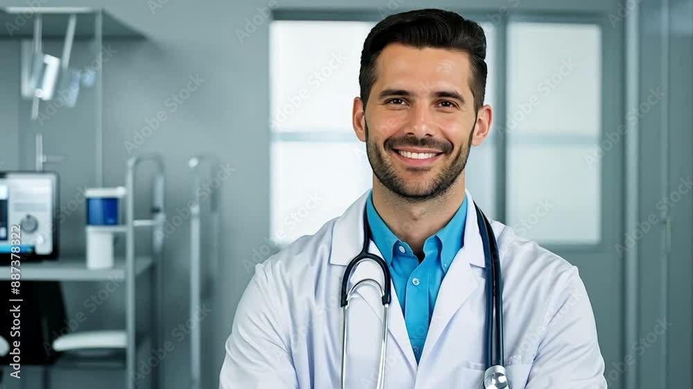 A male doctor in a white coat with a stethoscope smiles while standing in a hospital. A male doctor in a white coat with a stethoscope smiles while standing in a hospital.