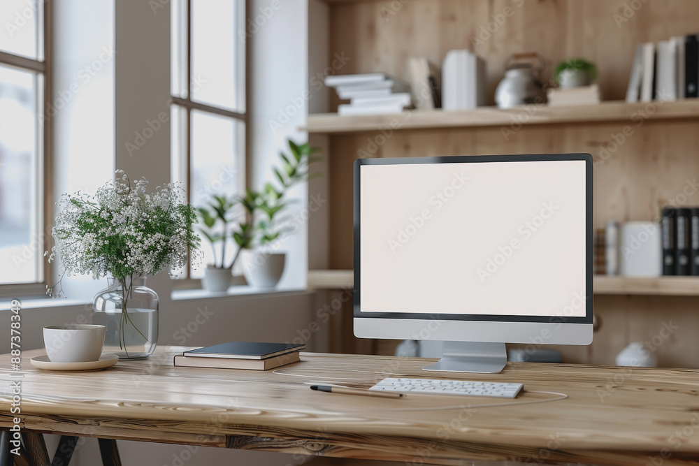 Fototapeta premium Contemporary home workspace with blank computer screen, shelves with books, natural light