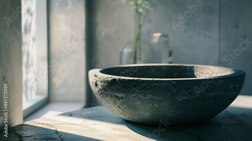 Stone basin in the modern bathroom Natural stone grey round wash basin Home decor and natural interior design concept : Generative AI