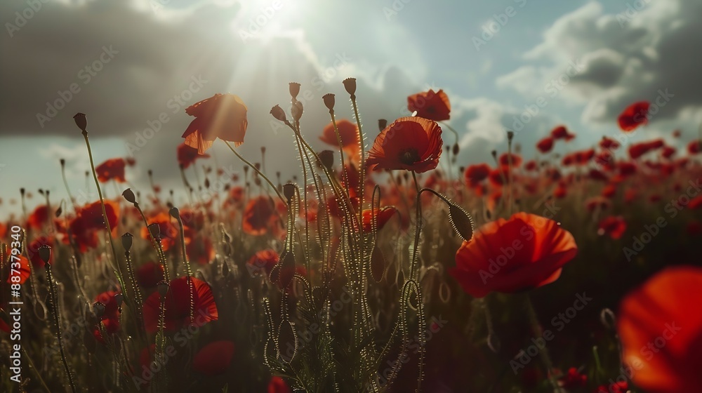 Obraz premium Beautiful blooming red poppy flowers in field on sunny day against cloudy sky Field of poppy flowers during spring : Generative AI