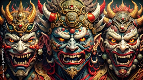 of Japanese-style demons with intricate designs and expressions, Japanese, demons, traditional, artwork, mythical
