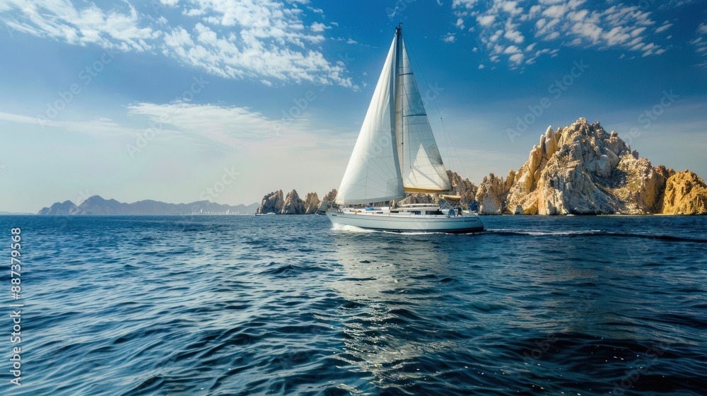 Obraz premium Luxury sailboat sailing on calm blue ocean water near rocky coast. Concept of vacation, travel, adventure, and seascape