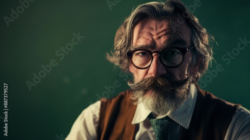 Bookkeeper Portrait of retro mature man with moustache and beard in eyeglasses posing in vintage fashion clothes over dark green background Concept of retro style emotions business wor : Generative AI photo