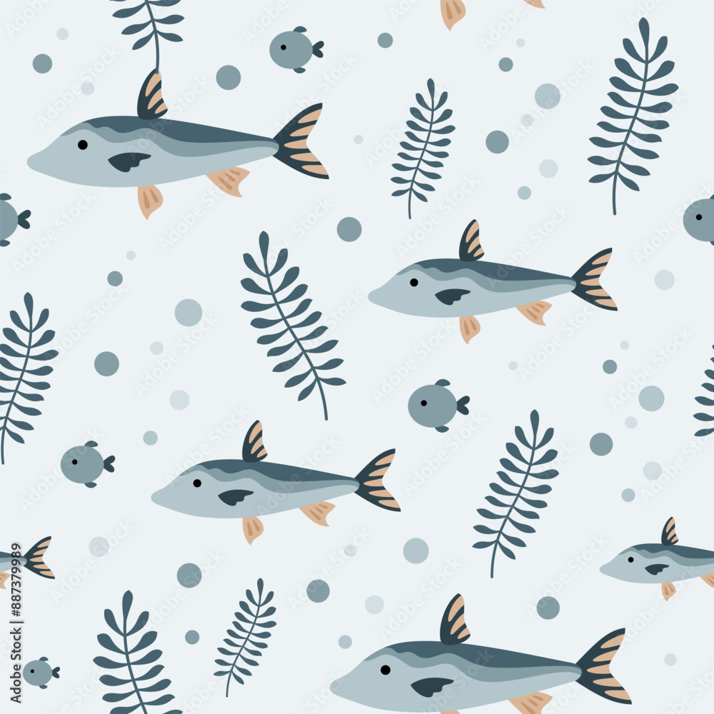 Fish seamless pattern in flat style. Sea digital paper. Ocean scrapbooking paper, background, print. Hand drawn vector pattern Fish seamless pattern in flat style. Sea digital paper. Ocean scrapbooking paper, background, print. Hand drawn vector pattern