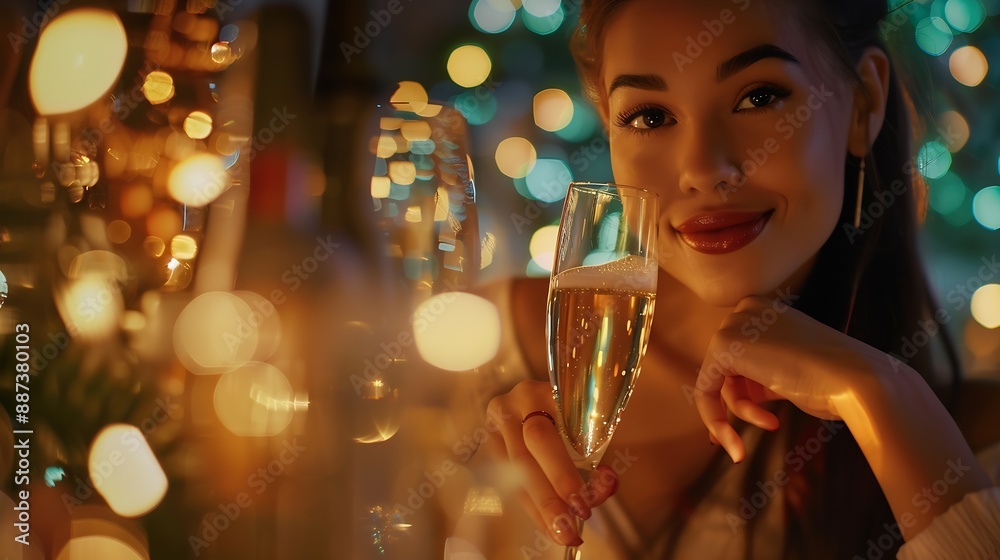 Party celebration and portrait of a woman with champagne at a new year dinner at restaurant Happy smile and lady sitting at dining table with glass of wine to celebrate at festive even : Generative AI Party celebration and portrait of a woman with champagne at a new year dinner at restaurant Happy smile and lady sitting at dining table with glass of wine to celebrate at festive even : Generative AI