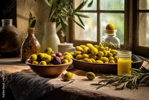 Wallpaper Mural Rustic kitchen table with fresh olives and olive oil Torontodigital.ca