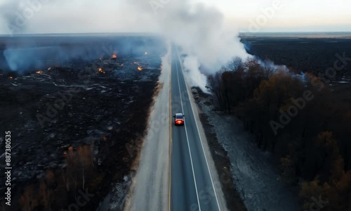 A red car drives along a long road flanked by burnt and smoking land, showcasing the aftermath of a wildfire and the stark contrast between the untouched and scorched areas. photo