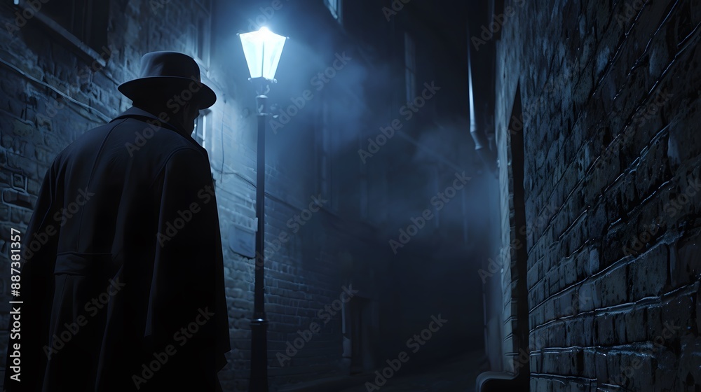 detective in a classic trench coat and fedora hat, standing under a dim streetlamp detective in a classic trench coat and fedora hat, standing under a dim streetlamp