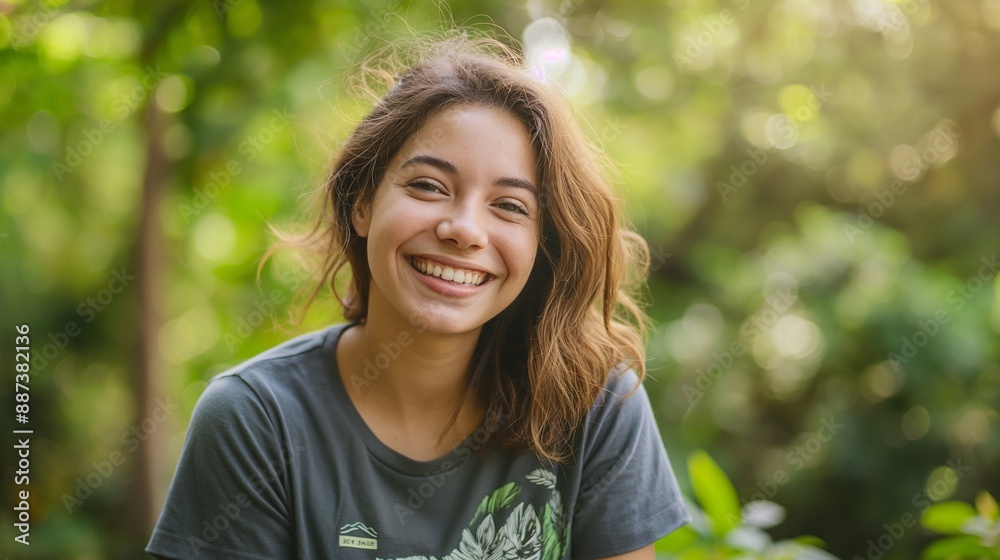 Dedicated Female Environmentalist in Slogan T-Shirt Smiling in Park Promoting Green Movement and Conservation Efforts Dedicated Female Environmentalist in Slogan T-Shirt Smiling in Park Promoting Green Movement and Conservation Efforts