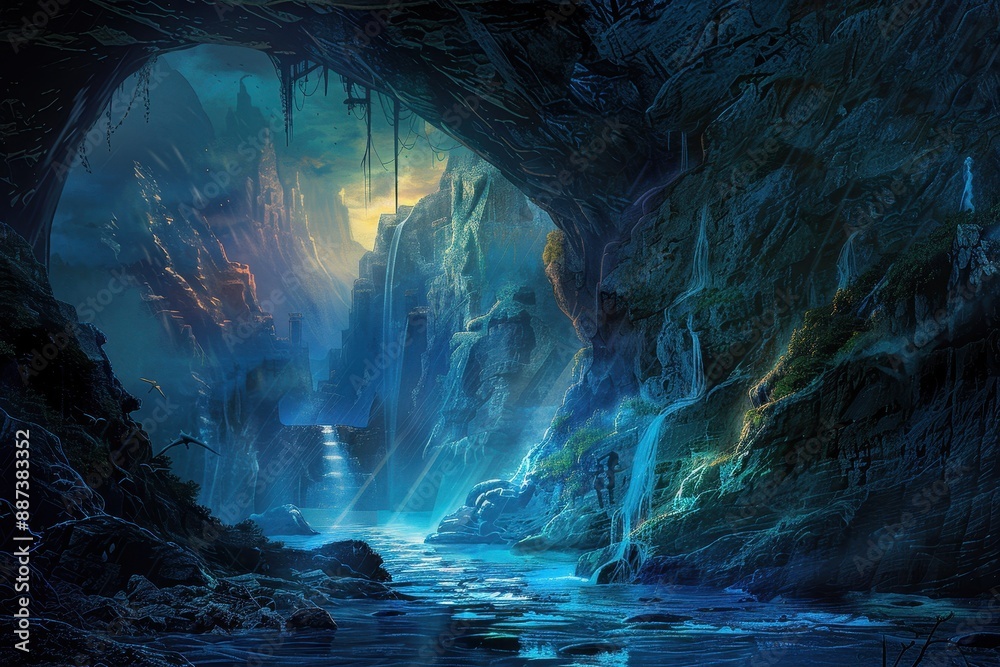 Obraz premium Bioluminescent cavern with waterfalls and ruins