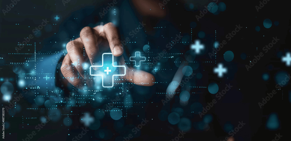 Businessman Touching Plus Sign for Value Added and Profit Growth in Health Insurance and Economic Development Businessman Touching Plus Sign for Value Added and Profit Growth in Health Insurance and Economic Development