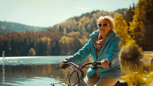 nice senior woman on her electric mountain bike cycling Lake Feldsee in the  German Black Forest near TitiseeNeustadt BadenWrttemberg Germany : Generative AI photo