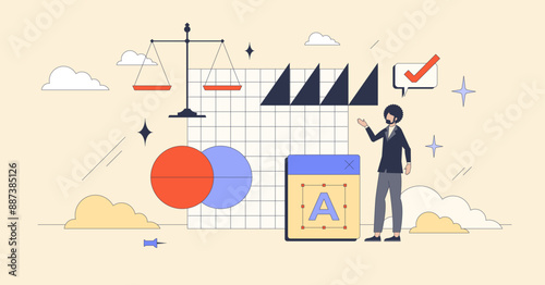 Graphic design principles for style tiny person neubrutalism concept. Effective brand visual communication methods with color contrast, repetition, balance and alignment usage vector illustration.