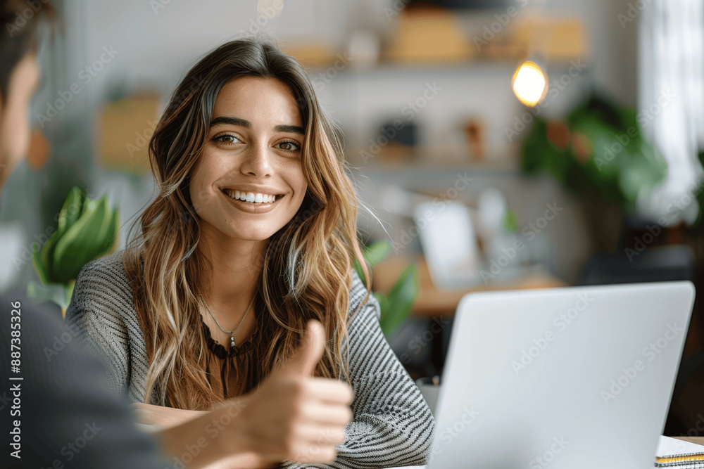 Happy Young Business Woman Discussing Finance Project with Colleague in Office on Video Call Happy Young Business Woman Discussing Finance Project with Colleague in Office on Video Call