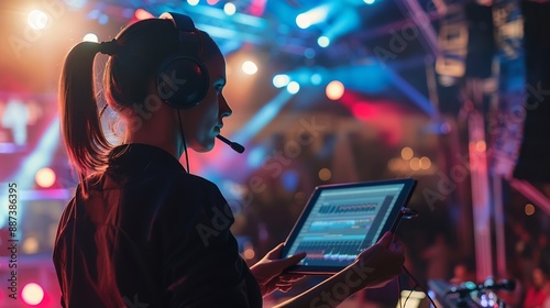 Music Festival Organizer Wearing a Headset Holding a Pc Tablet Confident public relations specialist hosting a concert event : Generative AI photo