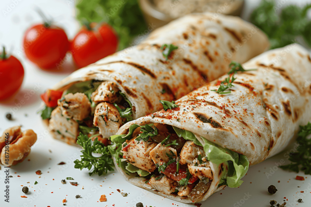 Tasty Grilled Chicken Salad Wrap with Lettuce and Tomatoes on White Background Tasty Grilled Chicken Salad Wrap with Lettuce and Tomatoes on White Background