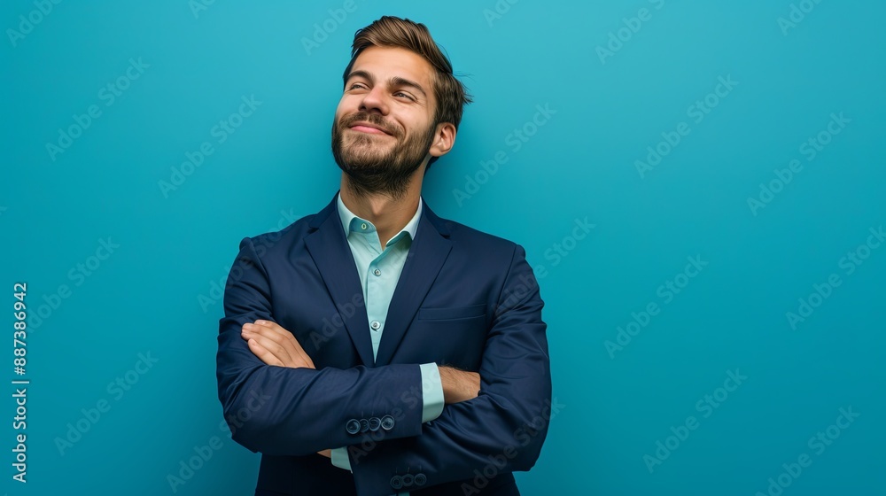 Young businessman with arms crossed and confidently smiling against a blue background Young businessman with arms crossed and confidently smiling against a blue background