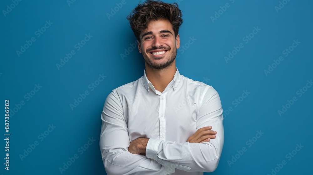 Young businessman with arms crossed and confidently smiling against a blue background Young businessman with arms crossed and confidently smiling against a blue background