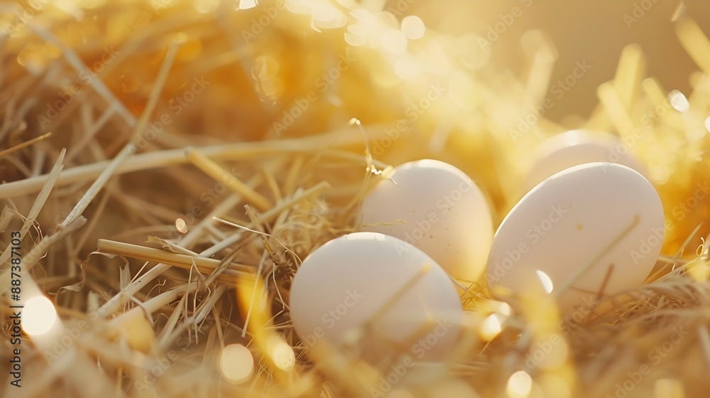 White eggs on the straw in the farm Selective focus : Generative AI White eggs on the straw in the farm Selective focus : Generative AI