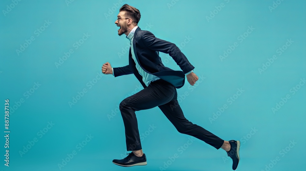 Obraz premium Happy, confident young businessman running on a blue background