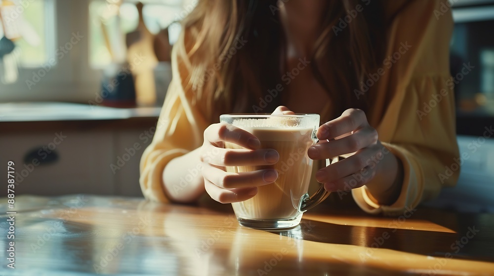 Girl is sitting on kitchen table and holding clear glass cup with latte coffee in hands Young woman takes break from household chores coffee break : Generative AI Girl is sitting on kitchen table and holding clear glass cup with latte coffee in hands Young woman takes break from household chores coffee break : Generative AI