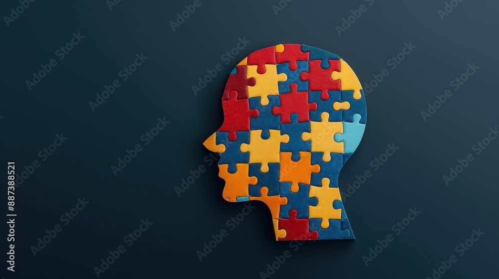 Vibrant jigsaw puzzle pieces creating a human head on a dark background, symbolizing autism awareness, neurodiversity, and mental health care. Vibrant jigsaw puzzle pieces creating a human head on a dark background, symbolizing autism awareness, neurodiversity, and mental health care.