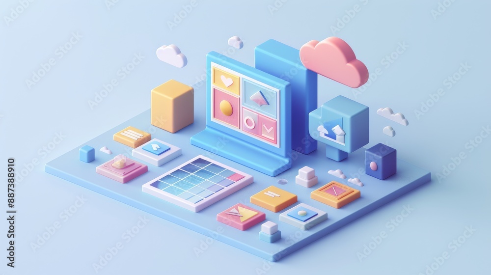 Obraz premium Abstract Futuristic 3D Render Minimalistic Style with Floating Geometric Shapes Isometric Design, Light Color Theme, Bright Background, and Soft Lighting