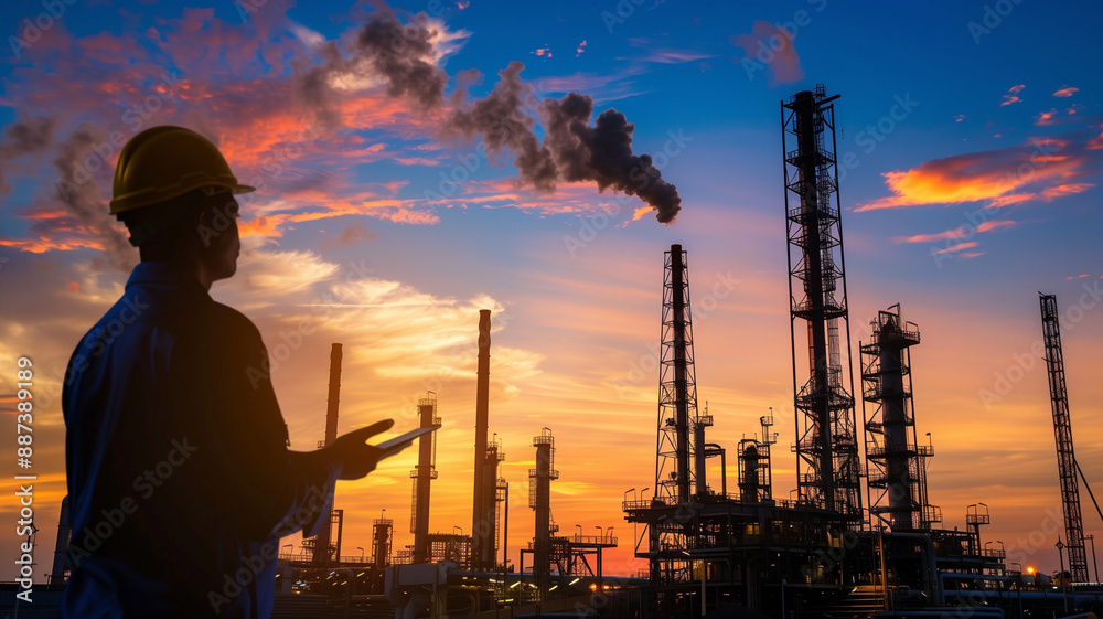 Silhouette of a lone worker stands dwarfed by a smokestack spewing orange fumes into a fiery sunset, a powerful symbol of industry's impact on the environment Silhouette of a lone worker stands dwarfed by a smokestack spewing orange fumes into a fiery sunset, a powerful symbol of industry's impact on the environment