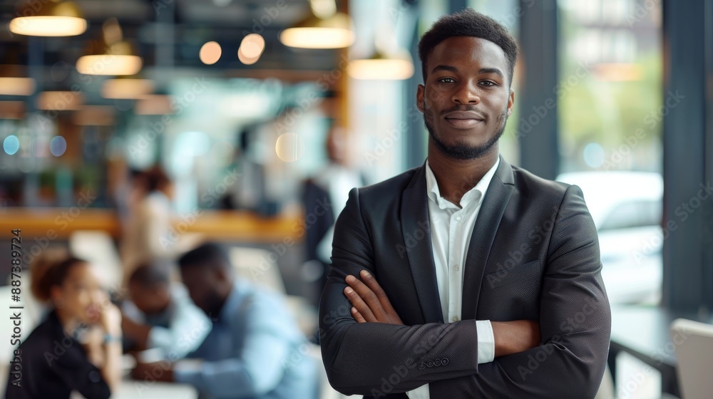 Confident young professional wearing a suit, standing with arms crossed in a modern, stylish office environment with coworkers in the background. Confident young professional wearing a suit, standing with arms crossed in a modern, stylish office environment with coworkers in the background.