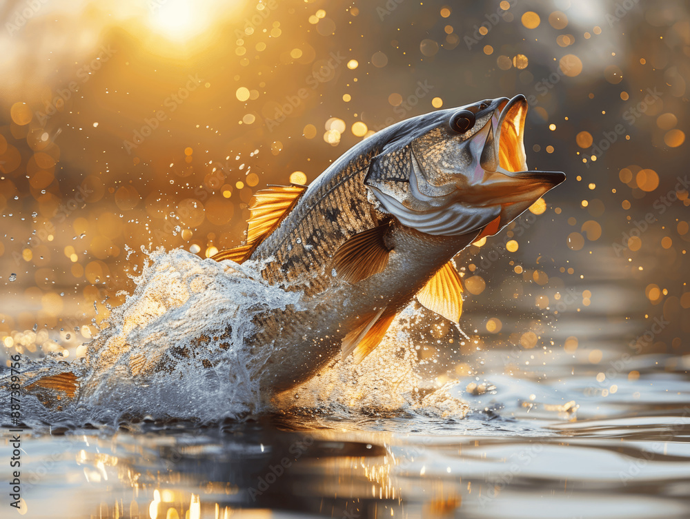Obraz premium Beautiful Golden Hour Bass Jumping Out of Water with Splash Fishing Scene
