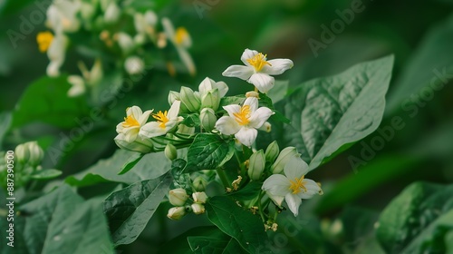 Potatoes flowers blossom flowering potato plant Close up organic vegetable flowers blossom growth in garden : Generative AI
