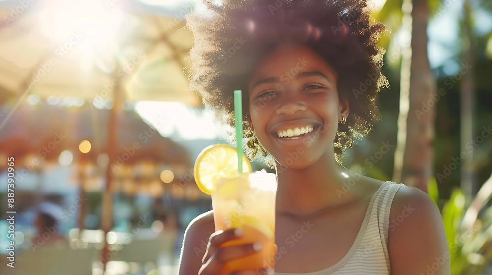 Happy african american teen girl drinking lemonade in open air cafe Smiling darkskin female teenager walking with iced cocktail in her hands Charming mixed race girl having fun Summer : Generative AI Happy african american teen girl drinking lemonade in open air cafe Smiling darkskin female teenager walking with iced cocktail in her hands Charming mixed race girl having fun Summer : Generative AI