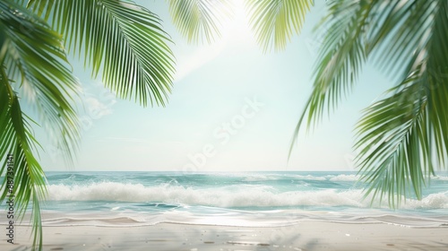 Tropical beach scene with realistic palm leaves framing the view, blending into low-poly 3D ocean waves