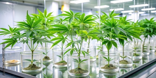 In a sterile laboratory setting, various cannabis ruderalis plants with unique leaf structures and budding patterns are meticulously arranged for research and development purposes. photo