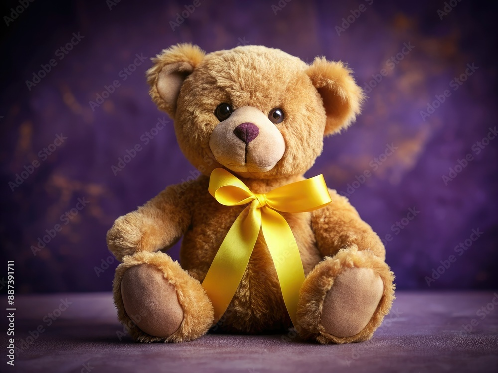 A delicate brown teddy bear with a yellow and gold ribbon sits on a rich purple background, symbolizing childhood cancer awareness and hope for a brighter future. A delicate brown teddy bear with a yellow and gold ribbon sits on a rich purple background, symbolizing childhood cancer awareness and hope for a brighter future.