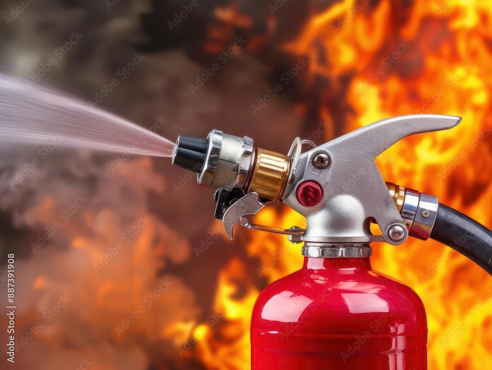 Naklejka premium A fire extinguisher's nozzle aimed at the base of a fire