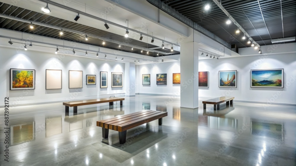 Naklejka premium A vacant modern art gallery with white walls displaying various framed artwork, spotlighted by soft natural light, featuring empty benches and polished concrete floor.
