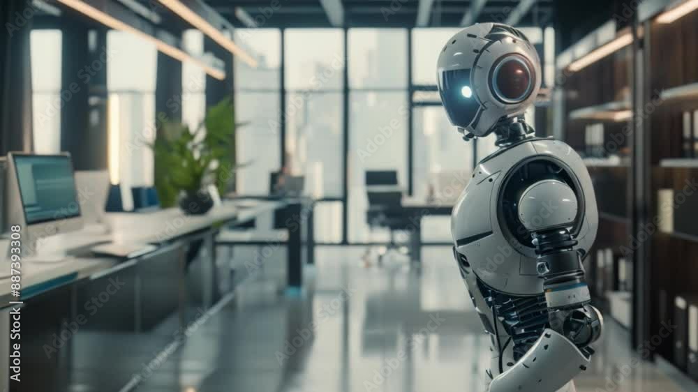 A white humanoid robot stands in a modern office, looking towards a window with a cityscape view. A white humanoid robot stands in a modern office, looking towards a window with a cityscape view.