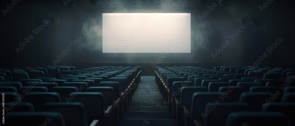 Obraz premium Cinema with a large blank screen, dim ambient lighting, and rows of empty seats, perfect for showcasing film previews, presentations, and theater promotions