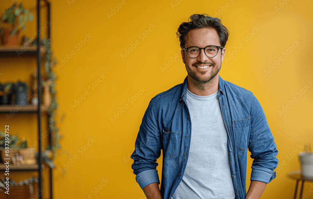Confident happy man in blue shirt with glasses smiling against yellow background hands in pockets professional look Confident happy man in blue shirt with glasses smiling against yellow background hands in pockets professional look