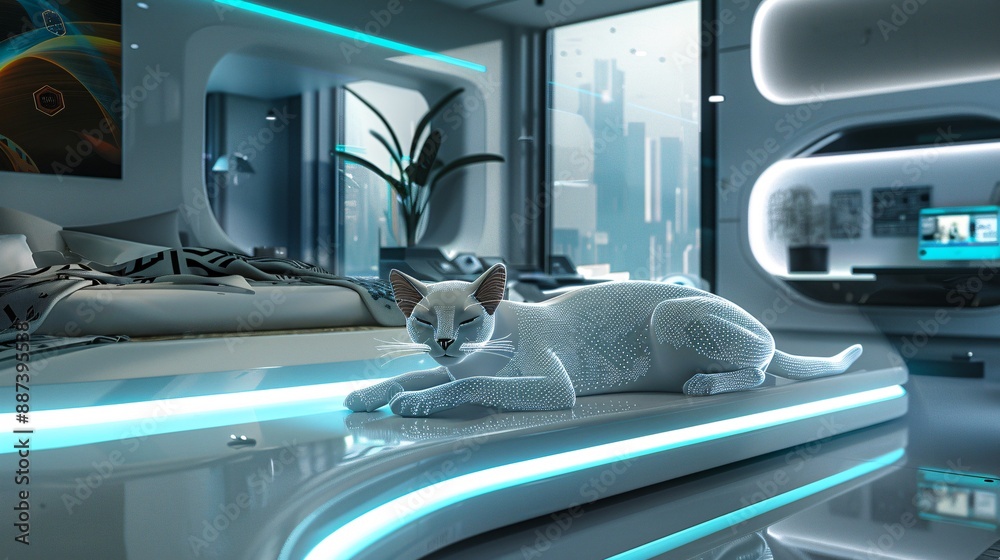 A white cat relaxes on a futuristic bed platform in a modern apartment, with a city view outside the window A white cat relaxes on a futuristic bed platform in a modern apartment, with a city view outside the window