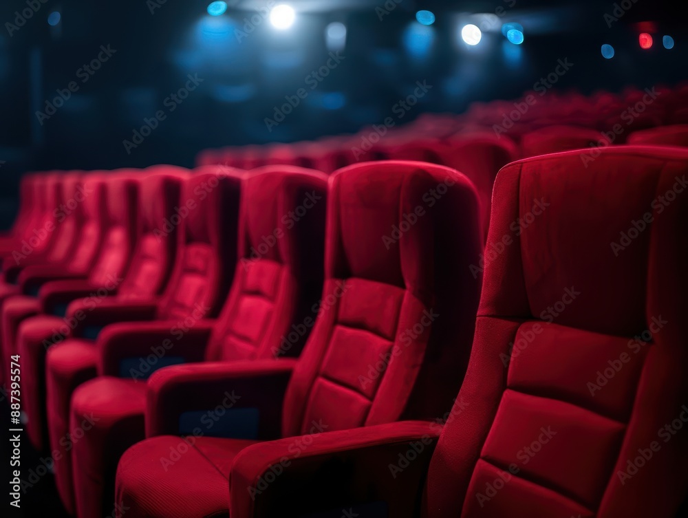 Comfortable red cinema chairs in a dimly lit theater, ready for an audience, perfect for movie night promotions and entertainment venue advertising Comfortable red cinema chairs in a dimly lit theater, ready for an audience, perfect for movie night promotions and entertainment venue advertising