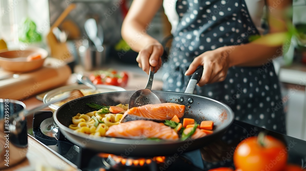 Asian woman hand cooking healthy food pasta and salmon steak on cooking pan in the kitchen at home Attractive girl preparing food for dinner party celebration meeting with friends on h : Generative AI Asian woman hand cooking healthy food pasta and salmon steak on cooking pan in the kitchen at home Attractive girl preparing food for dinner party celebration meeting with friends on h : Generative AI