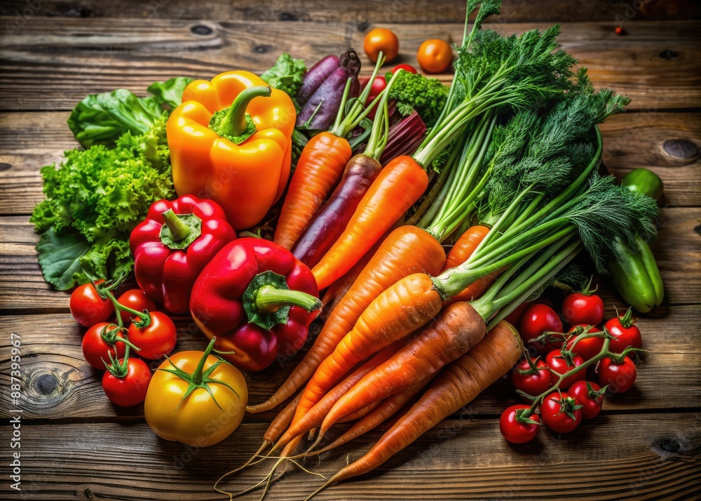 Vibrant arrangement of fresh organic vegetables, including carrots, bell peppers, cherry tomatoes, and leafy greens, arranged artfully on a rustic wooden table with copy space. Vibrant arrangement of fresh organic vegetables, including carrots, bell peppers, cherry tomatoes, and leafy greens, arranged artfully on a rustic wooden table with copy space.