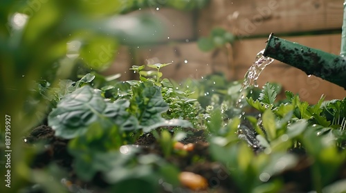 Urban gardening Watering fresh vegetables and herbs on fruitful soil in the own garden raised bed : Generative AI